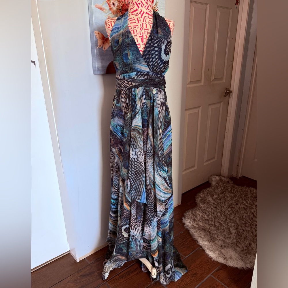 Rubber Ducky Productions Y2K Chiffon Maxi Dress Peacock Halter Cocktail XS/S